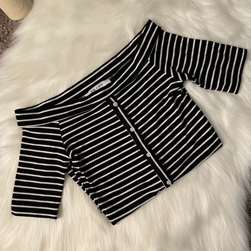 Frame Off-The-Shoulder Button-Front Striped Tee - image 4